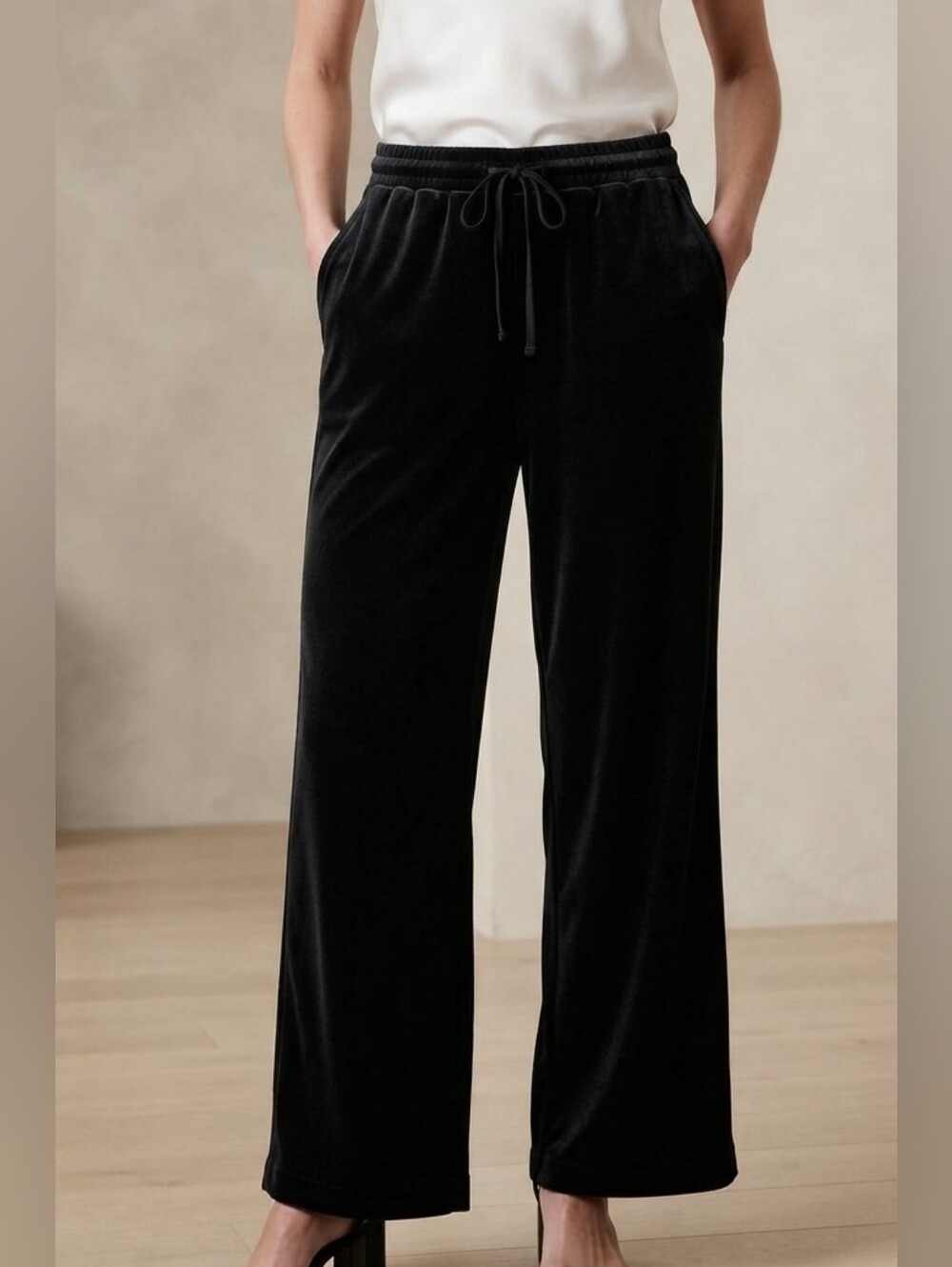 GAP NWT Black Velvet High Waisted Wide Leg Pants Drawstring Large Tall
